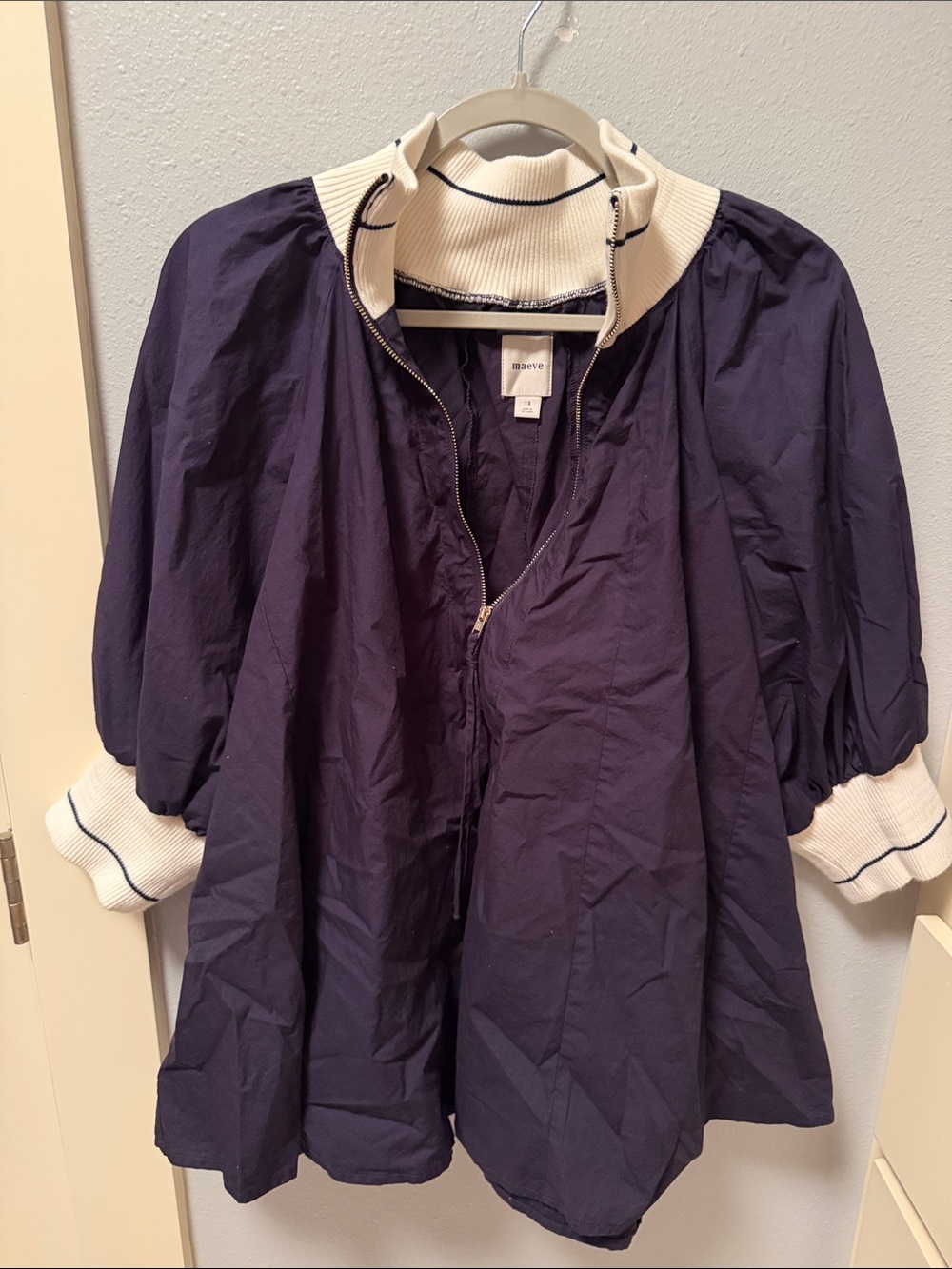 Anthropologie Navy Bomber Jacket with Cream Rib Collar